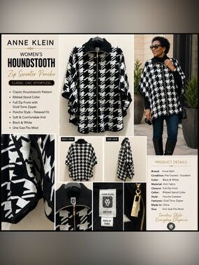 Anne Klein Black & White Houndstooth Zip Poncho